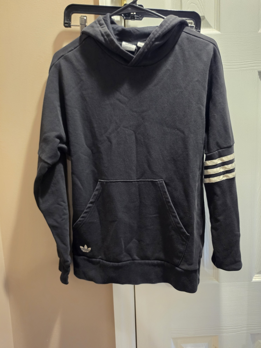 Adidas Black Hooded Pullover Sweatshirt with Striped Sleeve